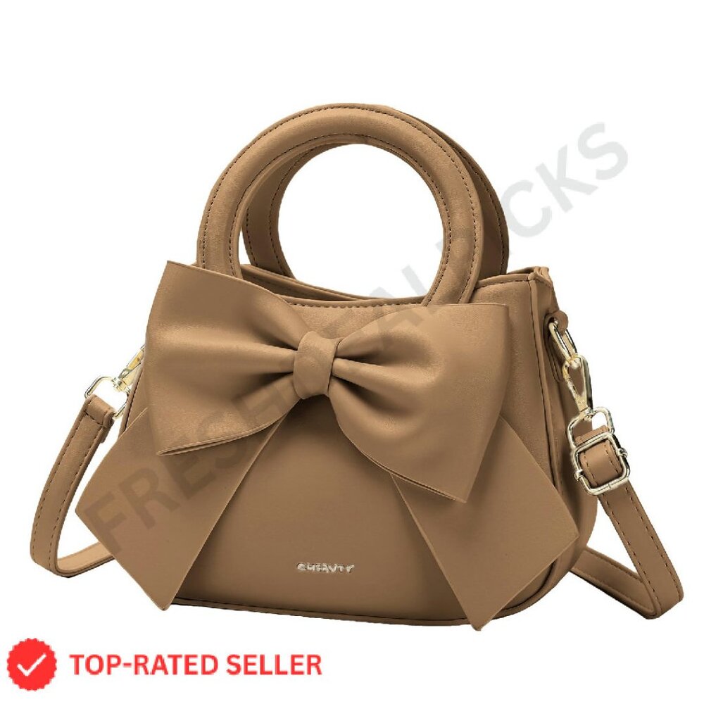 Vegan Leather Crossbody Bag Cute Bow Knot Chic Elegant Adjustable Strap - Picture 1 of 8